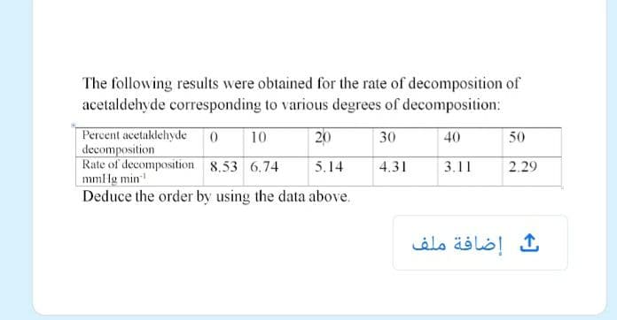 The following results were obtained for the rate of decomposition of
acetaldehyde corresponding to various degrees of decomposition:
Percent acetaldehyde
decomposition
Rate of decomposition 8.53 6.74
mml lg min
Deduce the order by using the data above.
10
20
30
40
50
5.14
4.31
3.11
2.29
إضافة ملف
