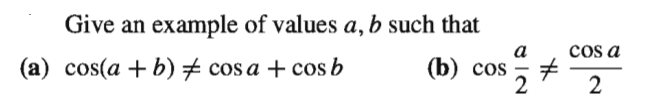 Give an example of values a, b such that
(a) cos(a + b) + cos a + cos b
cos a
(b) cos
2

