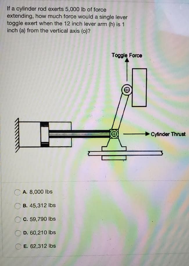 If a cylinder rod exerts 5,000 lb of force
extending, how much force would a single lever
toggle exert when the 12 inch lever arm (h) is 1
inch (a) from the vertical axis (0)?
Toggle Force
Cylinder Thrust
C A. 8,000 lbs
B. 45,312 Ibs
C. 59,790 lbs
D. 60,210 Ibs
E. 62,312 Ibs

