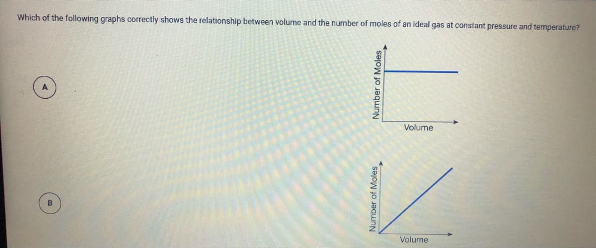 Which of the following graphs correctly shows the relationship between volume and the number of moles of an ideal gas at constant pressure and temperature?
Volume
Volume
Number of Moles
Number of Moles
