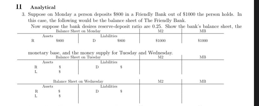 II Analytical
3. Suppose on Monday a person deposits $800 in a Friendly Bank out of $1000 the person holds. In
this case, the following would be the balance sheet of The Friendly Bank.
Now suppose the bank desires reserve-deposit ratio are 0.25. Show the bank's balance sheet, the
Balance Sheet on Monday
M2
MB
Assets
Liabilities
$800
D
$1000
R
R
L
monetary base, and the money supply for Tuesday and Wednesday.
Balance Sheet on Tuesday
M2
R
L
Assets
Assets
D
Balance Sheet on Wednesday
65
Liabilities
D
$800
Liabilities
$1000
$
M2
MB
MB