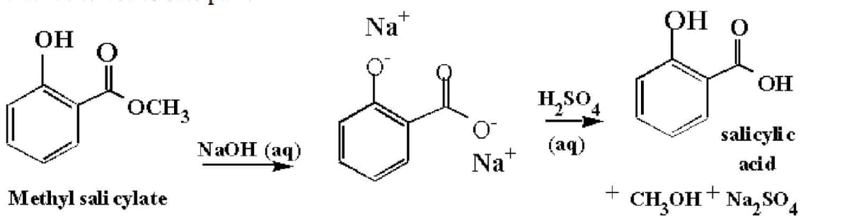 Na
OH
OH
ОН
OCH,
H,SO
NaOH (aq)
(aq)
salicylic
+
Na"
acid
+
Methyl sali cylate
CH,OH+ Na, so,
