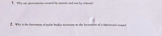 1. Why are spermatozoa created by meiosis and not by mitosis?
2. Why is the formation of polar bodies necessary to the formation of a functional ovum?

