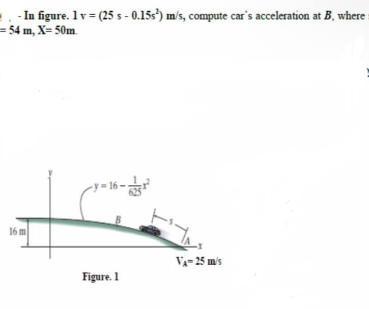 ! - In figure. 1 v = (25 s - 0.15s²) m/s, compute car's acceleration at B, where
= 54 m, X= 50m.
►
16 m
- 16-²²
Figure. 1
VA= 25 m/s