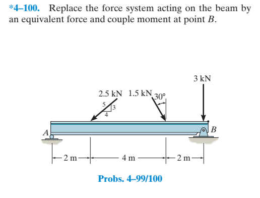 *4-100. Replace the force system acting on the beam by
an equivalent force and couple moment at point B.
3 kN
2.5 kN 1.5 kN
30°
B
A,
- 2 m-
4 m
2 m
Probs. 4–99/100
