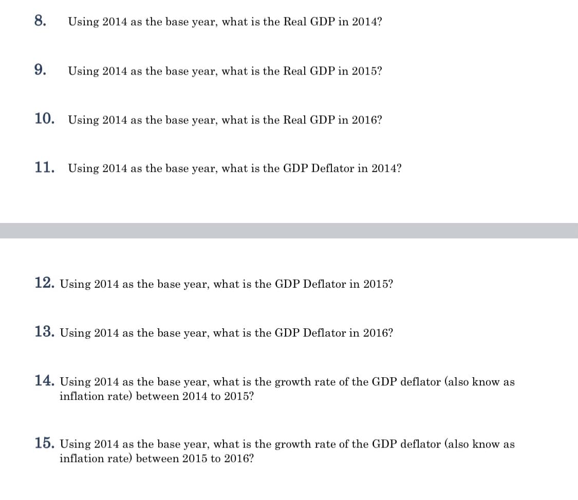 8.
Using 2014 as the base year, what is the Real GDP in 2014?
9.
Using 2014 as the base year, what is the Real GDP in 2015?
10. Using 2014 as the base year, what is the Real GDP in 2016?
11. Using 2014 as the base year, what is the GDP Deflator in 2014?
12. Using 2014 as the base year, what is the GDP Deflator in 2015?
13. Using 2014 as the base year, what is the GDP Deflator in 2016?
14. Using 2014 as the base year, what is the growth rate of the GDP deflator (also know as
inflation rate) between 2014 to 2015?
15. Using 2014 as the base year, what is the growth rate of the GDP deflator (also know as
inflation rate) between 2015 to 2016?
