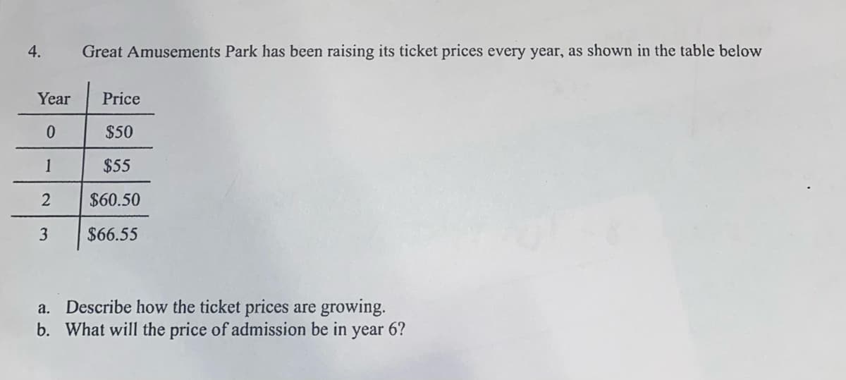 4.
Great Amusements Park has been raising its ticket prices every year, as shown in the table below
Year
Price
$50
1
$55
$60.50
3
$66.55
a. Describe how the ticket prices are growing.
b. What will the price of admission be in year 6?
