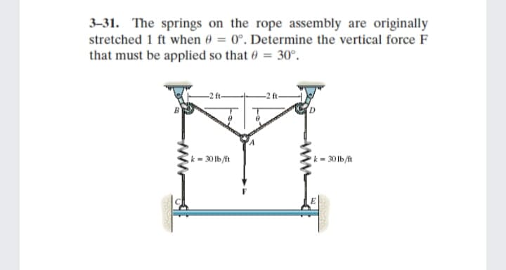 3–31. The springs on the rope assembly are originally
stretched 1 ft when 0 = 0°. Determine the vertical force F
that must be applied so that 0 = 30°.
k = 30 lb/ft
k= 30 lb/ft
