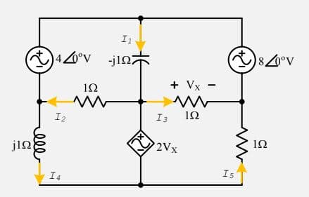 I1
4°V -j107
-jin
8°v
+ Vx
12
I2
jin
2Vx
Is
I4
ele
