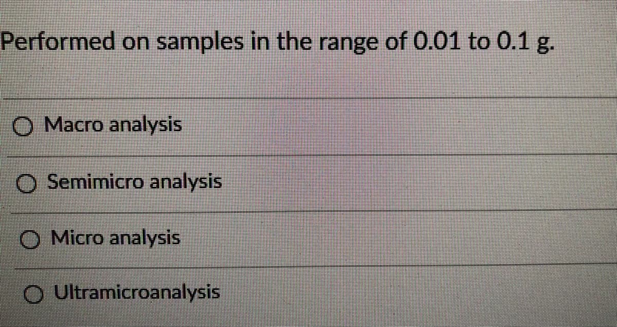 Performed on samples in the range of 0.01 to 0.1 g.
O Macro analysis
O Semimicro analysis
O Micro analysis
O Ultramicroanalysis
