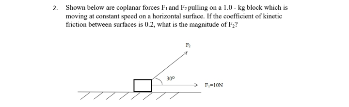2. Shown below are coplanar forces F1 and F2 pulling on a 1.0 - kg block which is
moving at constant speed on a horizontal surface. If the coefficient of kinetic
friction between surfaces is 0.2, what is the magnitude of F;?
300
F1=10N
