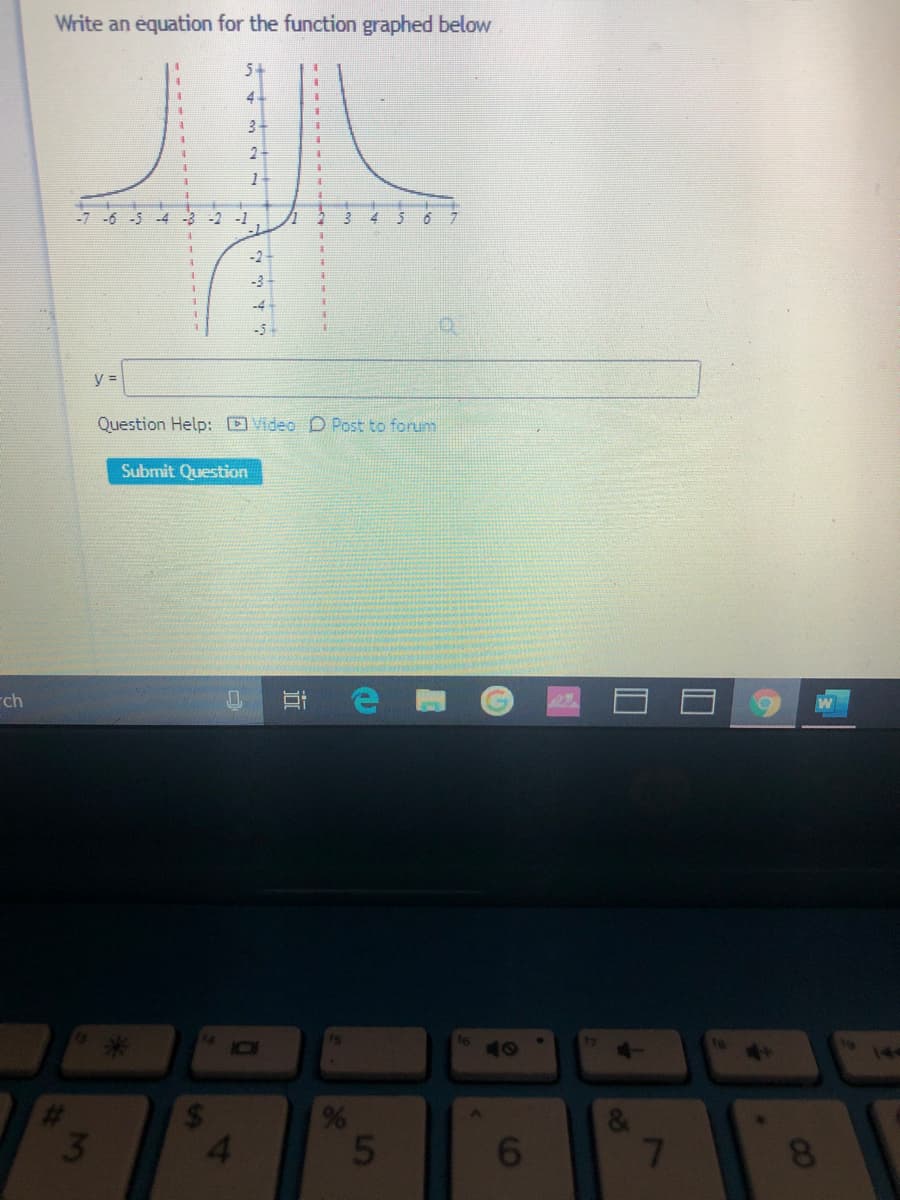 Write an equation for the function graphed below
5+
4
34
2-
-6 -5 -4
-2
i4
-2
-3
-4
-5
y =
Question Help: DVideo D Post to forum
Submit Question
rch
14
3
4.
5
8.
近
