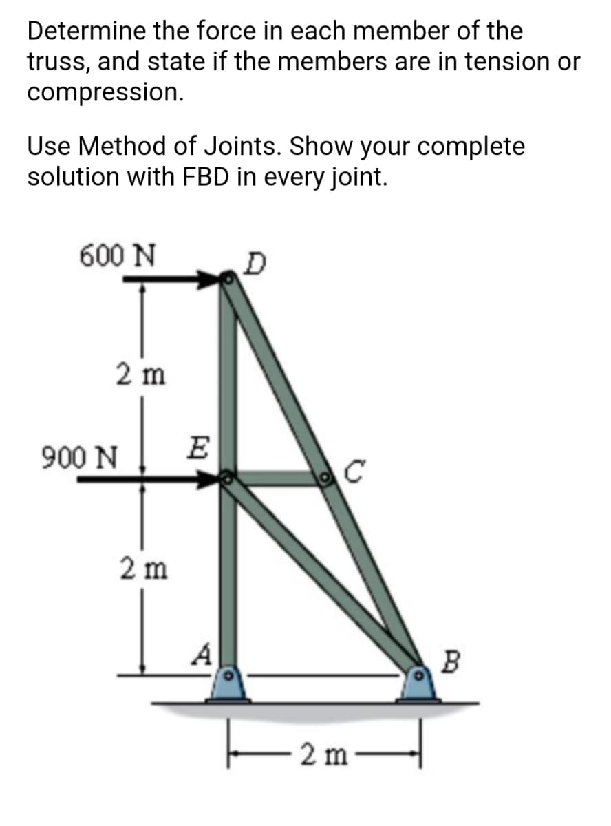 Determine the force in each member of the
truss, and state if the members are in tension or
compression.
Use Method of Joints. Show your complete
solution with FBD in every joint.
600 N
2 m
900 N
E
2 m
A
B
2 m
