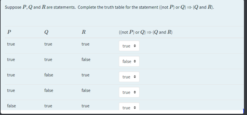 Suppose P, Q and R are statements. Complete the truth table for the statement ((not P) or Q) = (Q and R).
P
Q
R
((not P) or Q) = (Q and R)
true
true
true
true
true
true
false
false +
true
false
true
true +
true
false
false
true +
false
true
true
true +
