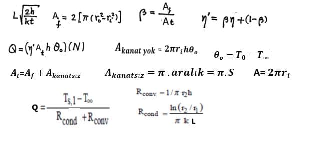 2h
A= 2[T(rr]
At
Q= (y'A, h 0.)(N)
Akanat yok = 2nr;he,
0, = To - T
A,=Af + Akanatsız
Akanatsız = T .aralık = n.S
A= 2ari
Rcony =1/1 nh
Ts1- T
Rcond +Rcony
In (5,/5)
Rcond
%3D
