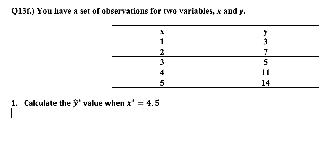Q13f.) You have a set of observations for two variables, x and y.
X
y
3
1
7
4
11
5
14
1. Calculate the î* value when x* = 4.5
