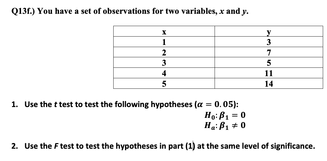 Q13f.) You have a set of observations for two variables, x and y.
y
3
1
2
7
3
4
11
14
1. Use the t test to test the following hypotheses (a = 0.05):
Ho:B1 = 0
На: В1 + 0
2. Use the F test to test the hypotheses in part (1) at the same level of significance.
