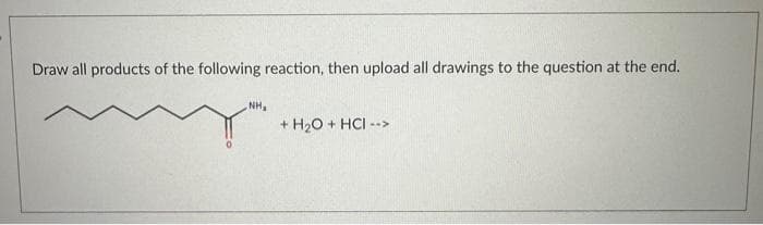Draw all products of the following reaction, then upload all drawings to the question at the end.
NH₂
+ H₂O + HCI -->