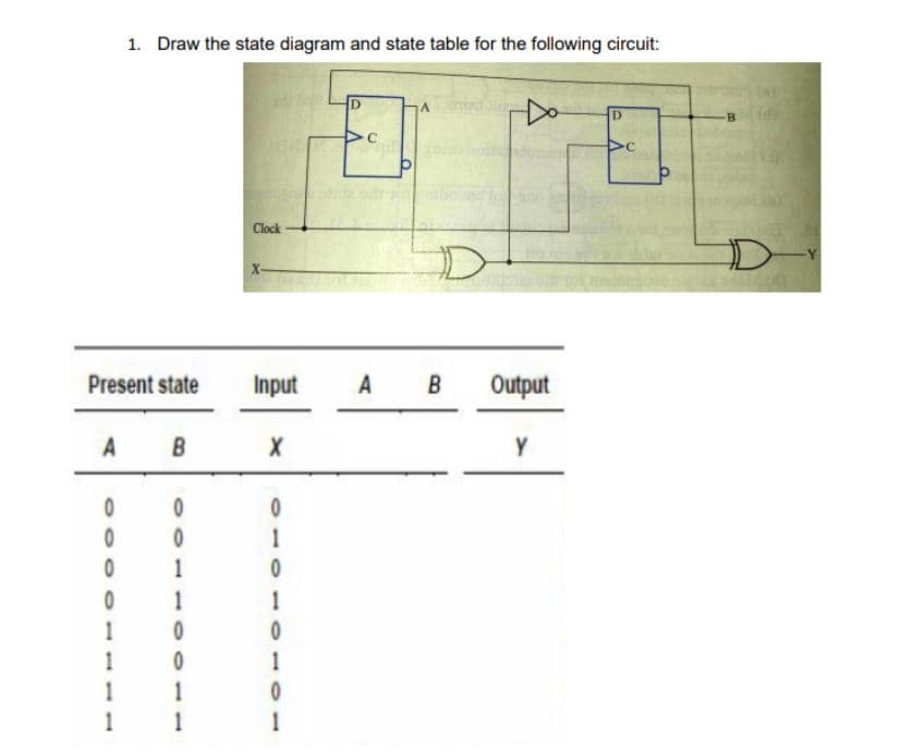 1. Draw the state diagram and state table for the following circuit:
Do
D.
Clock
D-
X-
Present state
Input
A
Output
A
1
1
1
1
1
1
1
1
1
1
1
1
B.
