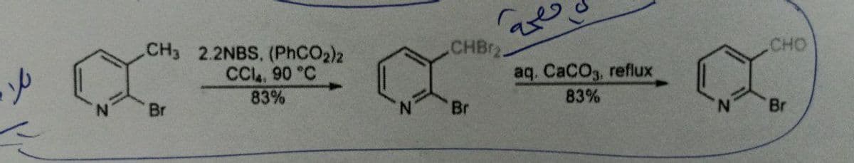 CHBR2.
CHO
CH3 2.2NBS, (PHCO2)2
CC, 90 °C
83%
aq. CaCOg, reflux
83%
Br
Br
Br
