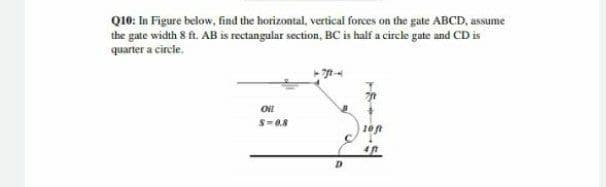 Q10: In Figure below, find the horizontal, vertical forces on the gate ABCD, assume
the gate width 8 ft. AB is rectangular section, BC is half a circle gate and CD is
quarter a circle.
Oil
S-0.8
トャ
