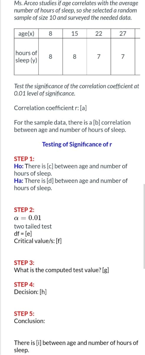 Ms. Arceo studies if age correlates with the average
number of hours of sleep, so she selected a random
sample of size 10 and surveyed the needed data.
age(x)
hours of
sleep (y)
STEP 2:
a = 0.01
8
8
two tailed test
df = [e]
Critical value/s: [f]
STEP 4:
Decision: [h]
15
STEP 5:
Conclusion:
8
22
Test the significance of the correlation coefficient at
0.01 level of significance.
Correlation coefficient r: [a]
For the sample data, there is a [b] correlation
between age and number of hours of sleep.
Testing of Significance of r
7
STEP 1:
Ho: There is [c] between age and number of
hours of sleep.
Ha: There is [d] between age and number of
hours of sleep.
STEP 3:
What is the computed test value? [g]
27
7
There is [i] between age and number of hours of
sleep.