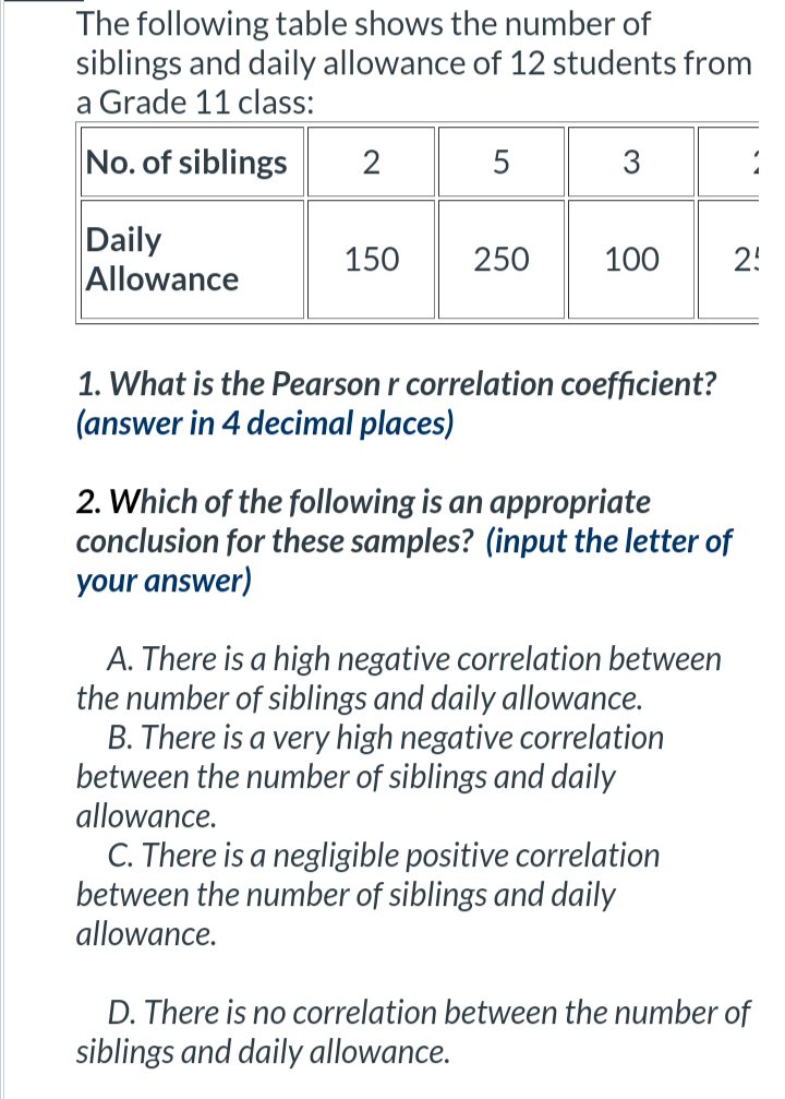 The following table shows the number of
siblings and daily allowance of 12 students from
a Grade 11 class:
No. of siblings
Daily
Allowance
2
150
5
3
250 100 2!
1. What is the Pearson r correlation coefficient?
(answer in 4 decimal places)
2. Which of the following is an appropriate
conclusion for these samples? (input the letter of
your answer)
A. There is a high negative correlation between
the number of siblings and daily allowance.
B. There is a very high negative correlation
between the number of siblings and daily
allowance.
C. There is a negligible positive correlation
between the number of siblings and daily
allowance.
D. There is no correlation between the number of
siblings and daily allowance.