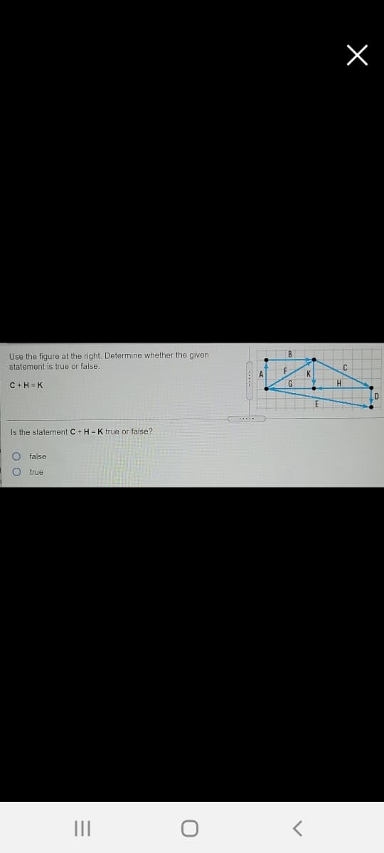 B
Use the figure at the right. Determine whether the given
statement is true or false
K
C+H= K
G
...
Is the statement C+ H K true or false?
O false
true
III
