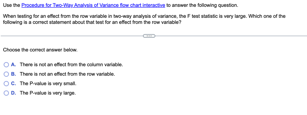 Use the Procedure for Two-Way Analysis of Variance flow chart interactive to answer the following question.
When testing for an effect from the row variable in two-way analysis of variance, the F test statistic is very large. Which one of the
following is a correct statement about that test for an effect from the row variable?
Choose the correct answer below.
A. There is not an effect from the column variable.
B. There is not an effect from the row variable.
C. The P-value is very small.
D. The P-value is very large.
