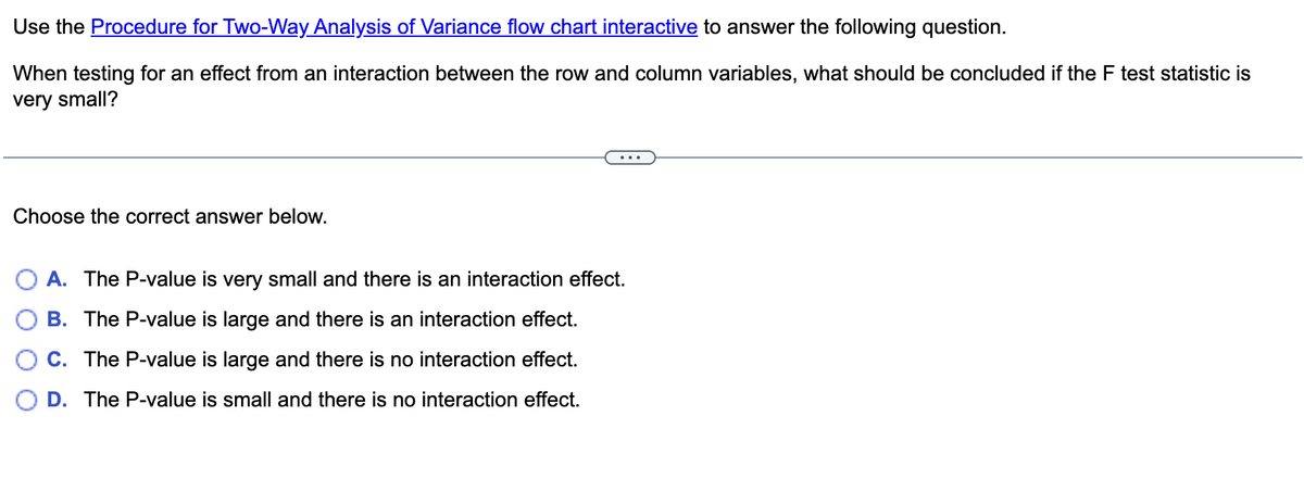 Use the Procedure for Two-Way Analysis of Variance flow chart interactive to answer the following question.
When testing for an effect from an interaction between the row and column variables, what should be concluded if the F test statistic is
very small?
...
Choose the correct answer below.
A. The P-value is very small and there is an interaction effect.
B. The P-value is large and there is an interaction effect.
C. The P-value is large and there is no interaction effect.
D. The P-value is small and there is no interaction effect.
