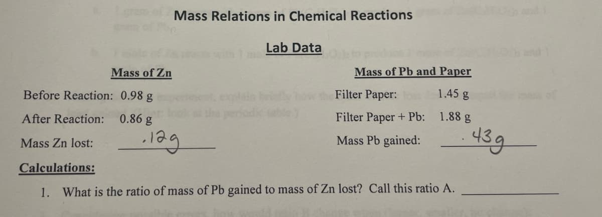 Mass of Zn
Mass Relations in Chemical Reactions
Lab Data
12g
Mass of Pb and Paper
1.45 g
1.88 g
Before Reaction: 0.98 g
After Reaction: 0.86 g
Mass Zn lost:
Calculations:
1. What is the ratio of mass of Pb gained to mass of Zn lost? Call this ratio A.
Filter Paper: o
Filter Paper + Pb:
Mass Pb gained:
.43g