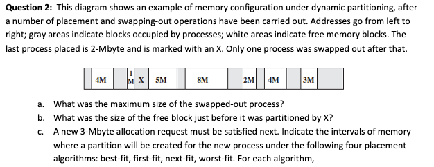 Question 2: This diagram shows an example of memory configuration under dynamic partitioning, after
a number of placement and swapping-out operations have been carried out. Addresses go from left to
right; gray areas indicate blocks occupied by processes; white areas indicate free memory blocks. The
last process placed is 2-Mbyte and is marked with an X. Only one process was swapped out after that.
| 4M
M x 5M
2M 4M
8M
3M
a. What was the maximum size of the swapped-out process?
b. What was the size of the free block just before it was partitioned by X?
с.
A new 3-Mbyte allocation request must be satisfied next. Indicate the intervals of memory
where a partition will be created for the new process under the following four placement
algorithms: best-fit, first-fit, next-fit, worst-fit. For each algorithm,
