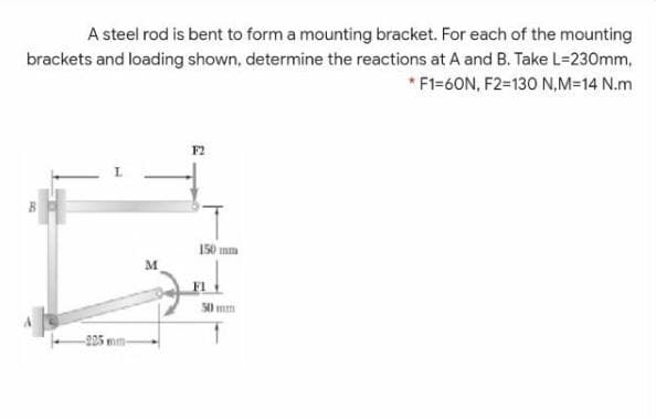 A steel rod is bent to form a mounting bracket. For each of the mounting
brackets and loading shown, determine the reactions at A and B. Take L=230mm,
* F1=60N, F2-130 N,M=14 N.m
F2
150 mm
