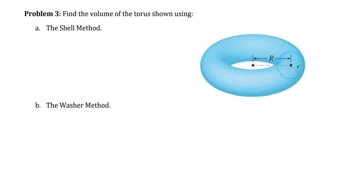 Problem 3: Find the volume of the torus shown using:
a. The Shell Method.
b. The Washer Method.
