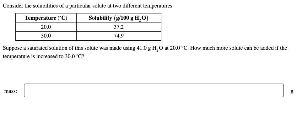 Consider the solubilities of a particular solute at two different temperatures.
Temperature (C)
Solubility (g/100 g H,O)
20.0
37.2
30.0
74.9
Suppose a saturated solution of this solute was made using 41.0 g H,O at 20.0 °C. How much more solute can be added if the
temperature is increased to 30.0 °C?
mass:
g
