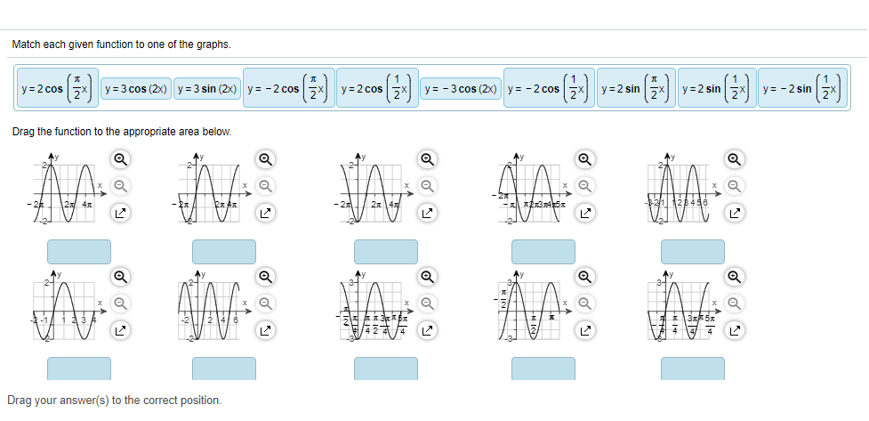 Match each given function to one of the graphs.
y = 2 cos 5x
y = 3 cos (2x) y = 3 sin (2x) y = -2 cos
y = 2 cos
y = - 3 cos (2x) y = -2 cos
y=2 sin 5x
y =2 sin
y = - 2 sin
Drag the function to the appropriate area below.
Drag your answer(s) to the correct position.
