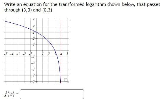 Write an equation for the transformed logarithm shown below, that passes
through (3,0) and (0,3)
-5 -4 -3 -2 -1
f(x) =
4
Ani
3
2
I
-1
23
-4
5
12
=1