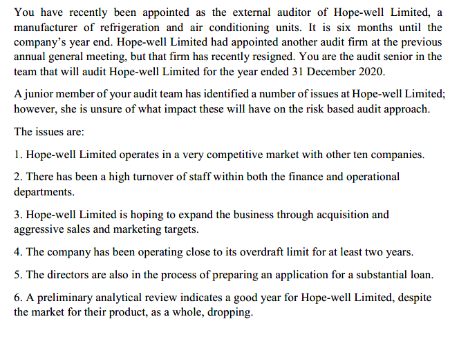 You have recently been appointed as the external auditor of Hope-well Limited, a
manufacturer of refrigeration and air conditioning units. It is six months until the
company's year end. Hope-well Limited had appointed another audit firm at the previous
annual general meeting, but that firm has recently resigned. You are the audit senior in the
team that will audit Hope-well Limited for the year ended 31 December 2020.
A junior member of your audit team has identified a number of issues at Hope-well Limited;
however, she is unsure of what impact these will have on the risk based audit approach.
The issues are:
1. Hope-well Limited operates in a very competitive market with other ten companies.
2. There has been a high turnover of staff within both the finance and operational
departments.
3. Hope-well Limited is hoping to expand the business through acquisition and
aggressive sales and marketing targets.
4. The company has been operating close to its overdraft limit for at least two years.
5. The directors are also in the process of preparing an application for a substantial loan.
6. A preliminary analytical review indicates a good year for Hope-well Limited, despite
the market for their product, as a whole, dropping.
