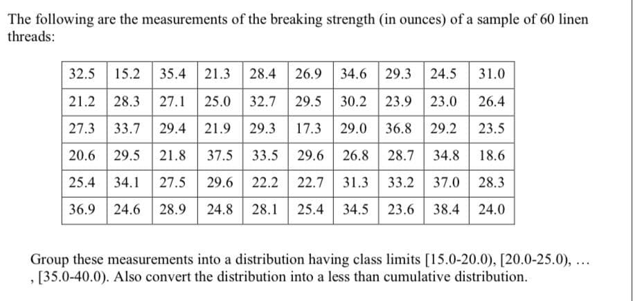 The following are the measurements of the breaking strength (in ounces) of a sample of 60 linen
threads:
32.5 15.2
35.4 21.3 28.4 26.9 34.6 29.3 24.5
31.0
21.2 28.3
27.1 25.0 32.7 29.5
30.2 23.9 23.0
26.4
27.3 33.7
29.4 21.9
29.3
17.3
29.0 36.8
29.2
23.5
20.6 29.5
21.8
37.5
33.5
29.6
26.8
28.7 34.8
18.6
25.4 34.1
27.5
29.6 22.2 22.7 31.3 33.2 37.0
28.3
36.9 24.6 28.9
24.8 28.1
25.4
34.5
23.6 38.4
24.0
Group these measurements into a distribution having class limits [15.0-20.0), [20.0-25.0), ...
, [35.0-40.0). Also convert the distribution into a less than cumulative distribution.
