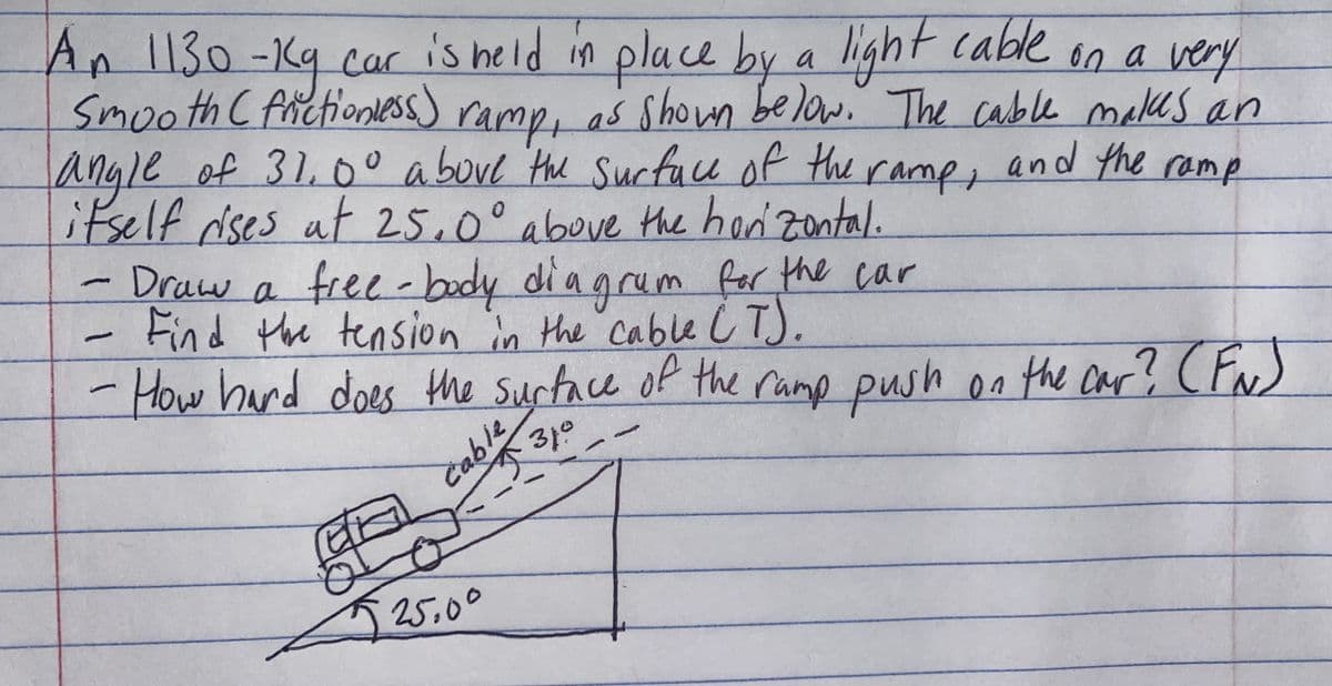 An 1130 -Kg car is held in place by a light cable on a very
Smooth C frictionless)
rampi
as shown below. The cable makes an
and the ramp
angle of 31.0° above the surface of the
ramp,
itself dises at 25.0° above the horizontal.
Draw a free-body diagram for the car
Find the tension in the cable CT).
1/1
How hard does the surface of the ramp push on the car? (FN)
Cable 31°
GELEE
25.00
31⁰--