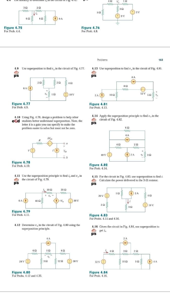 imam aun um r auT man o kumarm
4 2
V. 12
ww
ww-
ww
503
(+ 3V
9 V
62
4 9 A
Figure 4.72
For Prob. 4.4.
Figure 4.76
For Prob. 4.8.
Problems
163
4.9
Use superposition to find v, in the circuit of Fig. 4.77.
4.13 Use superposition to find v, in the circuit of Fig. 4.81.
ps
ps
4 A
6A
(+) 18 V
4
12 V
50
2 A
102
Figure 4.77
Figure 4.81
For Prob. 4.9.
For Prob. 4.13.
4.10 Using Fig. 4.78, design a problem to help other
end students better understand superposition. Note, the
letter k is a gain you can specify to make the
problem easier to solve but must not be zero.
4.14 Apply the superposition principle to find v, in the
circuit of Fig. 4.82.
ps
ww
4 A
AV
R
a
20
ww
ww
Vab
40 v (+)
O 2 A
% 32
Figure 4.78
For Prob. 4.10.
Figure 4.82
For Prob. 4.14.
4.11 Use the superposition principle to find i, and v, in
4.15 For the circuit in Fig. 4.83, use superposition to find i.
O Calculate the power delivered to the 3-2 resistor.
ps
O
the circuit of Fig. 4.79.
ps
. 10 2
20 2
www
10
O 2 A
20 V
42
6A (
40 2
4i,
G 30 V
203
G 16 V
32
Figure 4.79
For Prob. 4.11.
Figure 4.83
For Probs. 4.15 and 4.56.
4.12 Determine v, in the circuit of Fig. 4.80 using the
4.16 Given the circuit in Fig. 4.84, use superposition to
superposition principle.
get fo.
p's
4A
2A
52
4 42
ww
-ww ww
ww.
-ww
24 V ()
12 2
38 V
12 v )
S 10
10 12
O 4 A
Figure 4.80
For Probs. 4.12 and 4.35.
Figure 4.84
For Prob. 4.16.
