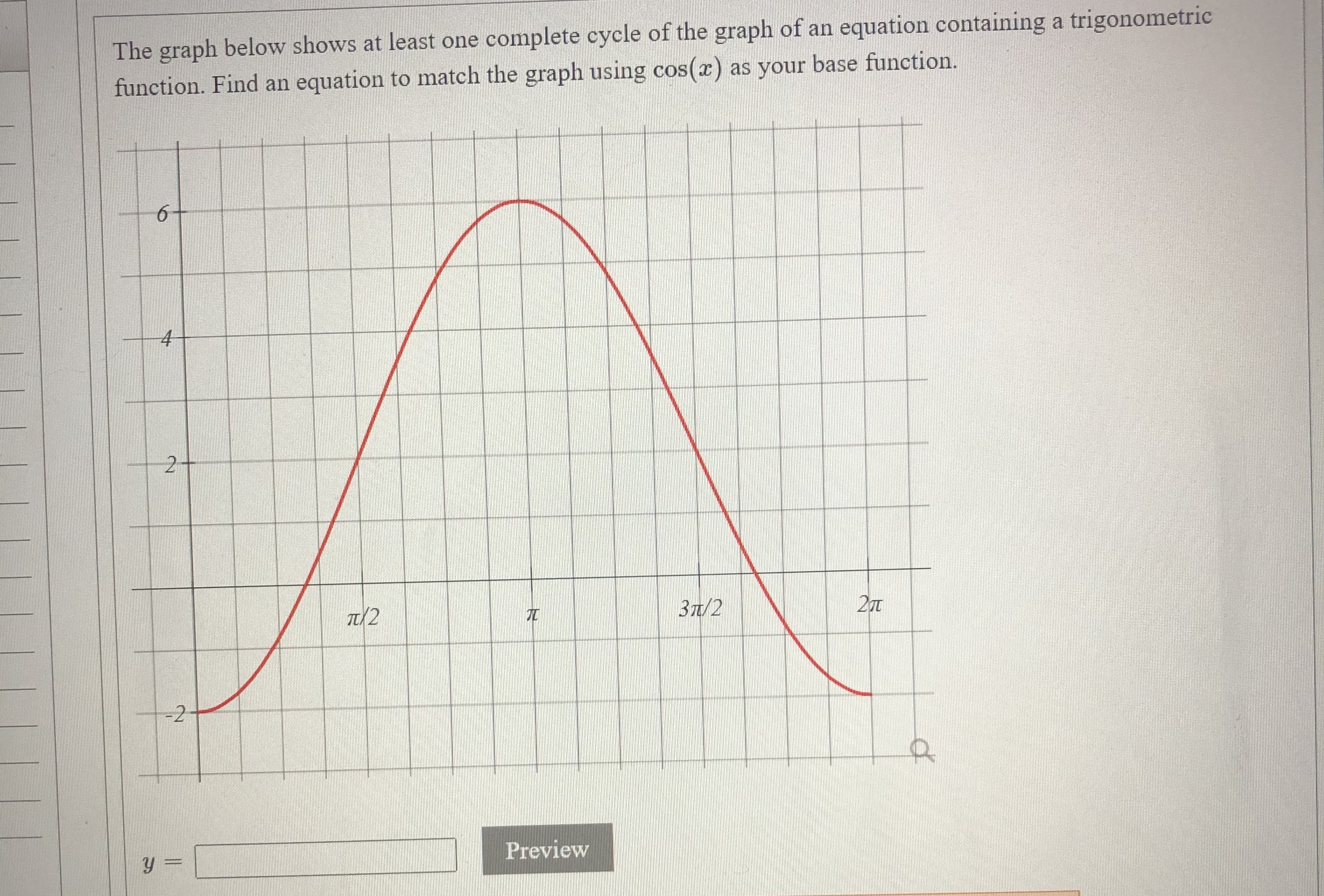 The graph below shows at least one complete cycle of the graph of an equation containing a trige
function. Find an equation to match the graph using cos(x) as your base function.
