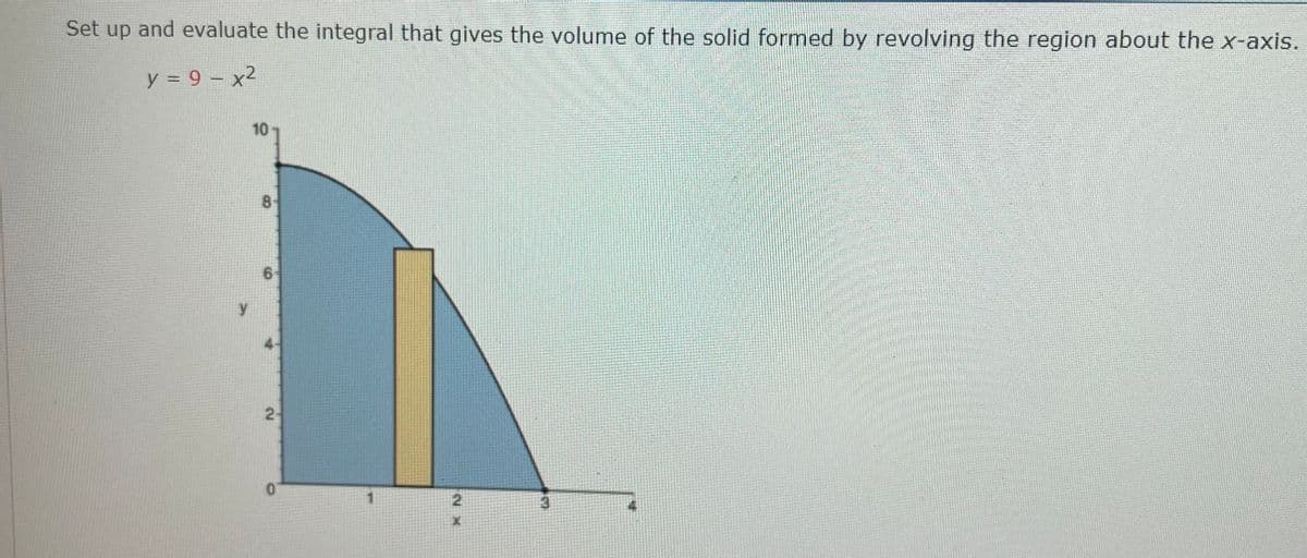 Set up and evaluate the integral that gives the volume of the solid formed by revolving the region about the x-axis.
y = 9 – x2
10
8
0.
2
2.
