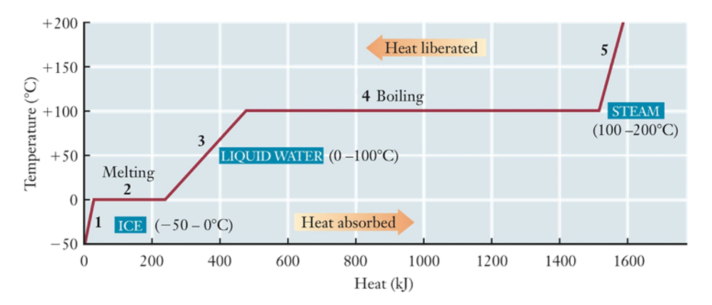 +200
Heat liberated
5
+150
4 Boiling
+100
STEAM
(100 –200°C)
3
LIQUID WATER (0 –100°C)
+50
Melting
2
1
ICE (-50 – 0°C)
Heat absorbed
- 50
200
400
600
800
1000
1200
1400
1600
Heat (kJ)
Temperature (°C)
