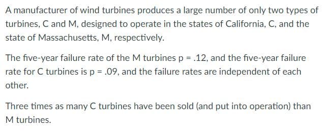 A manufacturer of wind turbines produces a large number of only two types of
turbines, C and M, designed to operate in the states of California, C, and the
state of Massachusetts, M, respectively.
The five-year failure rate of the M turbines p = .12, and the five-year failure
rate for C turbines is p = .09, and the failure rates are independent of each
other.
Three times as many C turbines have been sold (and put into operation) than
M turbines.
