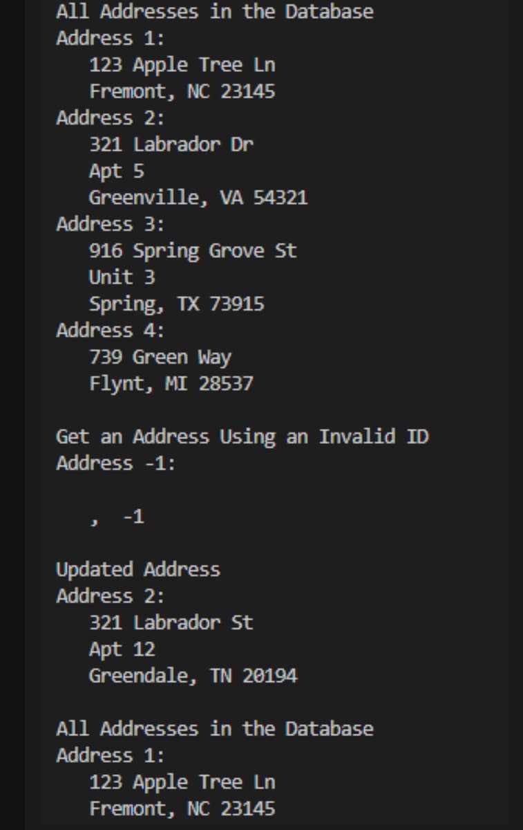 All Addresses in the Database
Address 1:
123 Apple Tree Ln
Fremont, NC 23145
Address 2:
321 Labrador Dr
Apt 5
Greenville, VA 54321
Address 3:
916 Spring Grove St
Unit 3
Spring, TX 73915
Address 4:
739 Green Way
Flynt, MI 28537
Get an Address Using an Invalid ID
Address -1:
-1
Updated Address
Address 2:
321 Labrador St
Apt 12
Greendale, TN 20194
All Addresses in the Database
Address 1:
123 Apple Tree Ln
Fremont, NC 23145