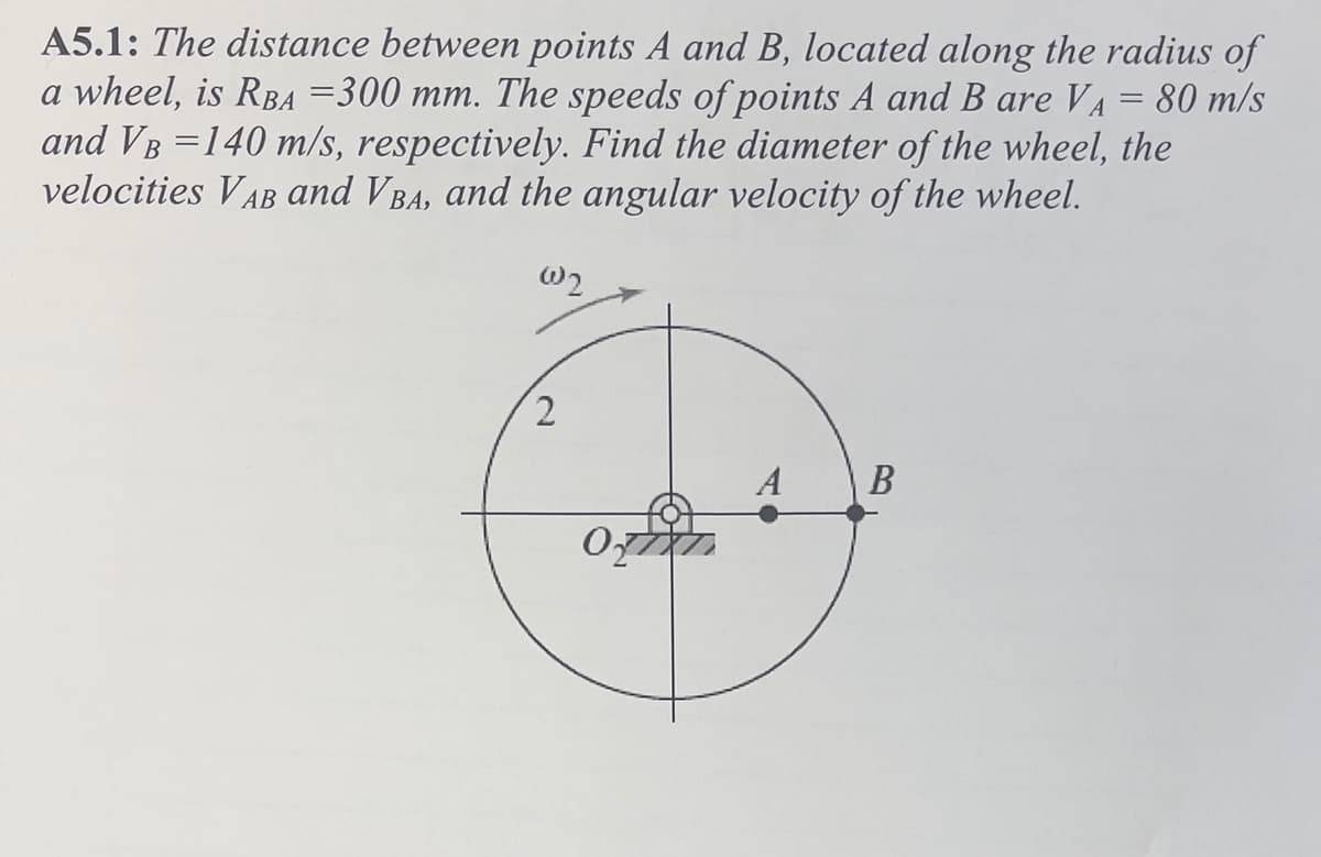 A5.1: The distance between points A and B, located along the radius of
a wheel, is RBA =300 mm. The speeds of points A and B are VA = 80 m/s
and VB =140 m/s, respectively. Find the diameter of the wheel, the
velocities VAB and VBA, and the angular velocity of the wheel.
W2
2
0
A
B