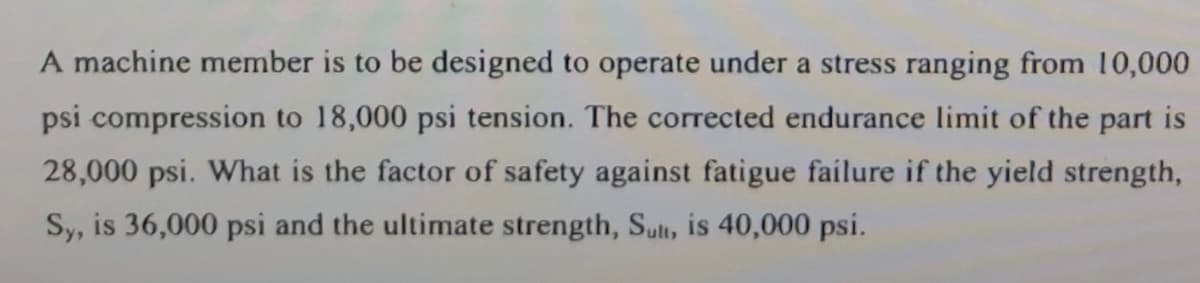 A machine member is to be designed to operate under a stress ranging from 10,000
psi compression to 18,000 psi tension. The corrected endurance limit of the part is
28,000 psi. What is the factor of safety against fatigue failure if the yield strength,
Sy, is 36,000 psi and the ultimate strength, Sul, is 40,000 psi.
