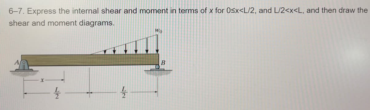 6-7. Express the internal shear and moment in terms of x for 0<x<L/2, and L/2<x<L, and then draw the
shear and moment diagrams.
L
Wo
B