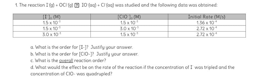 1. The reaction I (g) + OCI (g) 2 IO (aq) + CI (aq) was studied and the following data was obtained:
[CIO ]. (M)
1.5 x 103
3.0 x 103
1.5 x 103
[I], (M)
1.5 x 103
Initial Rate (M/s)
1.36 x 104
2.72 x 104
2.72 x 104
1.5 x 103
3.0 x 103
a. What is the order for [I-]? Justify your answer.
b. What is the order for [CIO-]? Justify your answer.
c. What is the overall reaction order?
d. What would the effect be on the rate of the reaction if the concentration of I' was tripled and the
concentration of CIO- was quadrupled?
